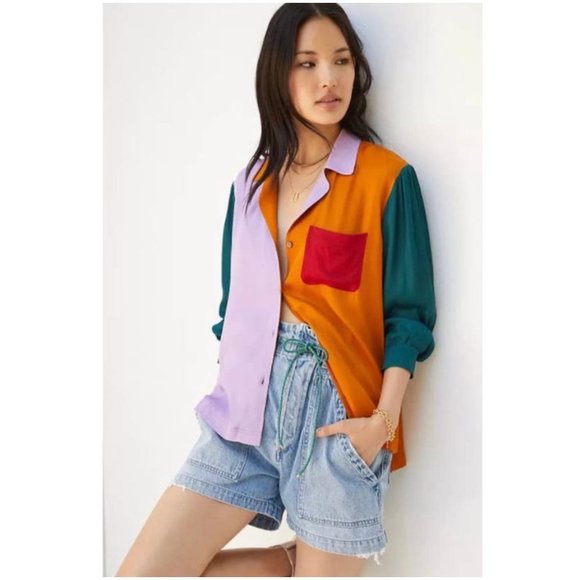 FARM Rio Tops - Farm Rio X Anthropologie Color Block Puff Sleeve Blouse